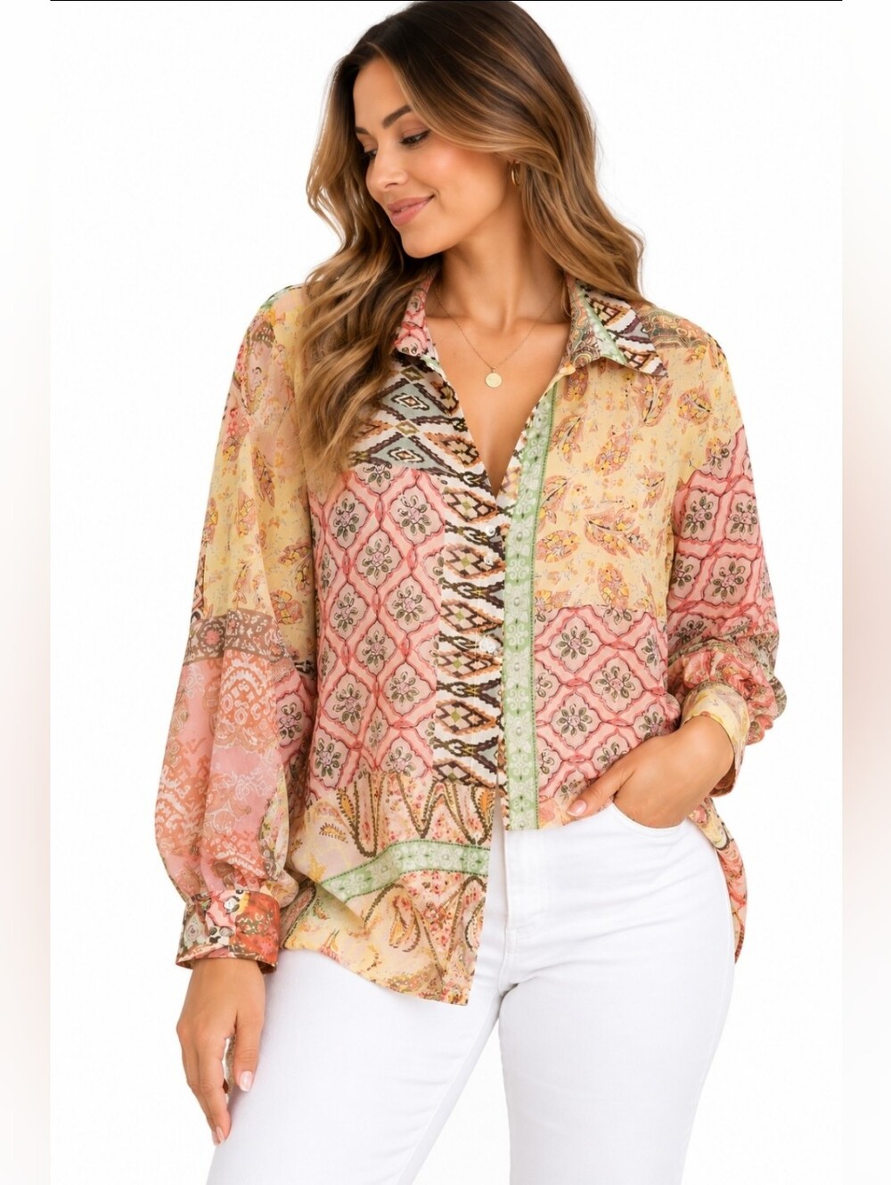 Zara Pink Multi Patchwork Button-Down Shirt
